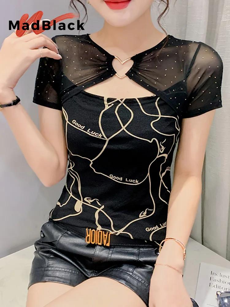 MadBlack 여성 섹시한 핫 드릴 프린트 패치워크 슬림 메쉬 탑, 반팔 티셔츠, 유럽 의류, 여름 신상 T36134JC